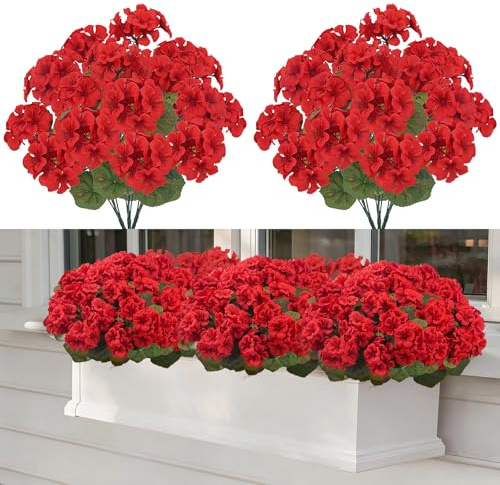 6 Bundles Artificial Outdoor Geraniums Flowers Fake Red Geraniums Flowers | Silk Faux Flowers UV Resistant Artificial Geranium Plants Fake Flower for Window Boxes Indoor Garden Balcony Table Home Decor