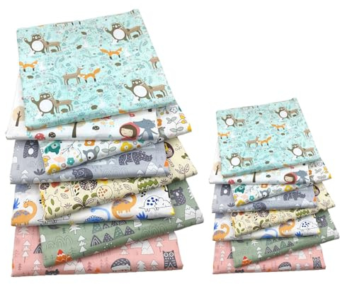 16 Stück Stoffe zum Nähen, Meterware Baumwollstoff Tier Naturmotiven Stoff Cartoons Patchworkstoff Patchwork Paket für Nähen DIY Handwerk Quilting(50 x 40 cm + 25 x 20 cm)
