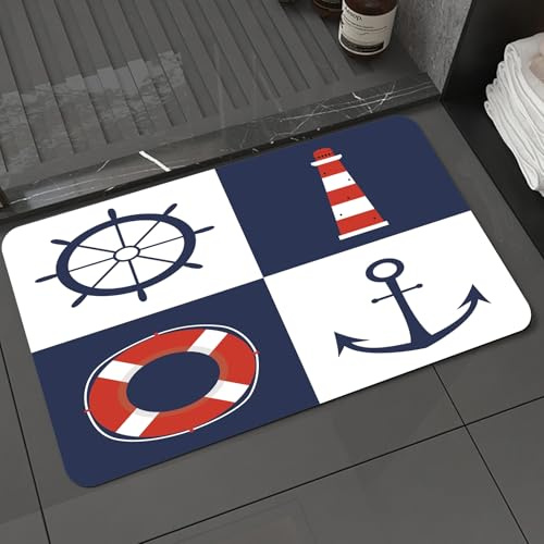 DALEXHM Badteppich rutschfeste,weicher Badezimmerteppich Wasserabsorbierend Badematte Badvorleger für Dusche,Set mit nautischen Etiketten. Symbole für Anker, Schiffsruder, Leuchtturm und Rett,60x100cm