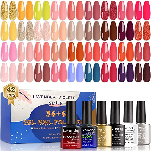 42 Pcs Gel Nail Polish Set Rose Pink Nude- Glow in The Dark/Diamond/Matte Top Coat, Builder Base Coat for Birthday Gifts, Soak Off UV LED Shellac Nail Varnish Dating Nails Design C959