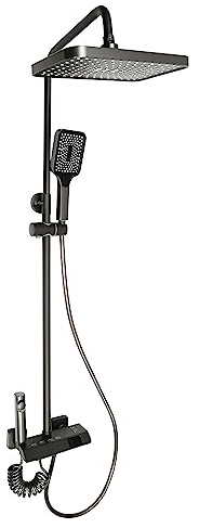 Duscharmatur Komplettset, Duschsystem Duschset mit LED-Anzeigebildschirm, Regendusche mit Armatur, Verstellbare Duschstange,0-80℃, 27.5×18.4cm Eckige Kopfbrause (Grau)