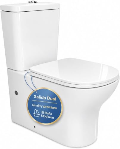 Inodoro Completo Rimless con Cisterna y Tapa UF. WC Suelo | Salida Dual Horizontal y Vertical. Váter de Porcelana Blanca con Doble Descarga 3/6L, Cierre Suave y Tapa Desmontable