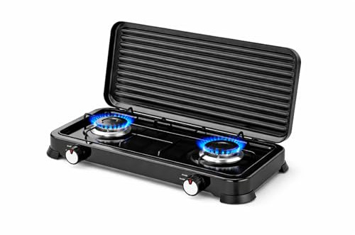 Cocina de gas portátil de 2 fuegos para camping y exterior, hornillo de gas compatible con butano y propano, llama regulable, tapa extraíble, 4,4 kW (2 FUEGOS)