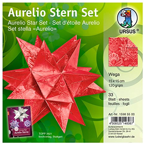 Ursus 15985500 - Faltblätter Aurelio Stern Wega, rot, 33 Blatt, aus Aluminiumfolie 120 g/qm, ca. 15 x 15 cm, beidseitig glänzend und geprägt, ideal als Weihnachtsdeko