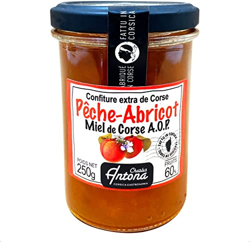 Peach and Apricot Jam with Honey from Corsica, Premium Fruit Preserve, Delicious Breakfast Spread, Made by Charles Antona in The Traditional Way, 1 x Jar, 250g