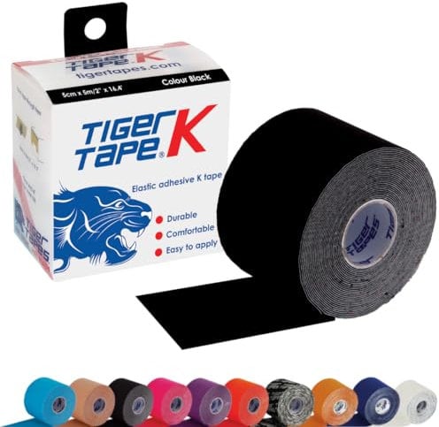 TIGERTAPES K Tape - Black Kinesiology Tape (5cm x 5m) | Uncut Muscle Tape for Running, Sports & Injury Recovery | Waterproof, Hypoallergenic & Elastic Athletic Tape for Training & Rehab