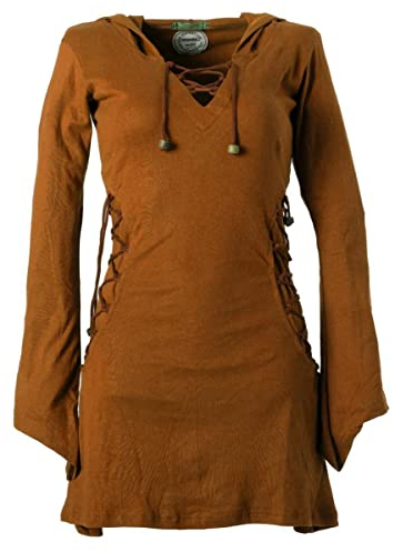 Vishes Elfenkleid mit Zipfelkapuze & Schnürbändern in Dunkelorange | Größe XS (36-38) | Handgefertigt aus 100% Baumwolle | Ideal für Herbst & Frühjahr | Nachhaltige Alternative Bekleidung