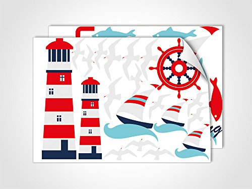 GRAZDesign Leuchtturm Wandtattoo maritim Bad Badezimmer WC, Wasserfeste Fliesenaufkleber Fische, Dekoration Fliesentattoos Rot Blau Weiß/DIN A4 (2Stück)