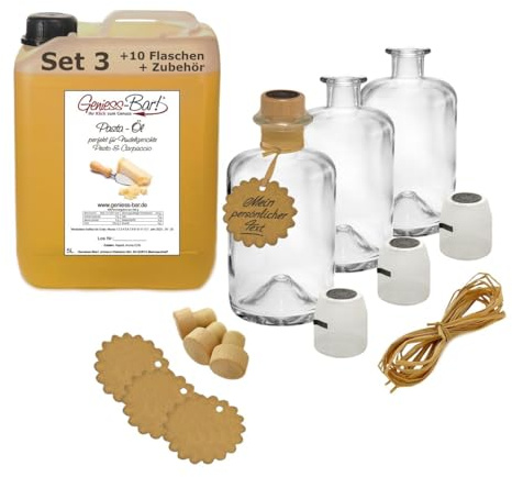 Pasta Öl 5L inkl. 10 Flaschen, Korken, Kapseln, Bast & Anhänger - wie herzhafter italienischer Hartkäse VEGAN