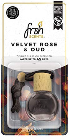 FRSH Scents FR1607 Velvet Rose & Oud Deluxe Glass Bottle Air Freshener - Lifespan of up to 45 Days - Ideal for rear-view mirrors and hanging handles - Single Pack