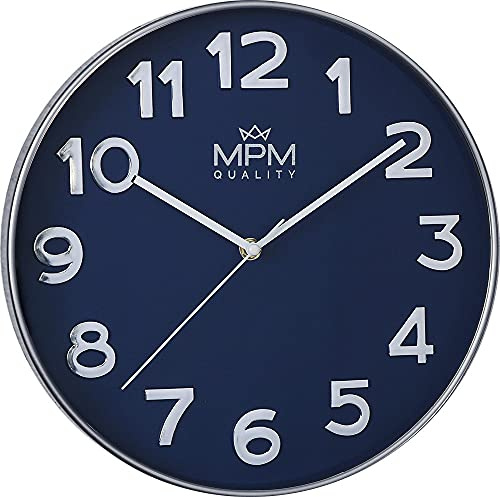 MPM Quality Blue Silver Wall Clock - Design Wanduhr 3D Große Zahlen Wanduhr Blau Modern 30 cm Quarz-Uhrwerk Sweep, Wand Dekoration für Wohnzimmer, Küche, Kinderzimmer, Schlafzimmer, Büro