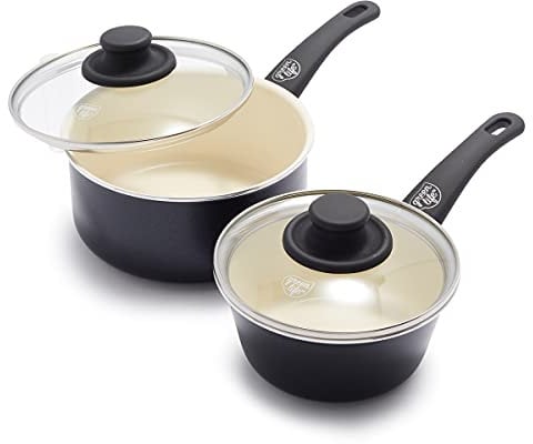 GreenLife Soft Grip Healthy Ceramic Nonstick, 1QT and 2QT Saucepan Pot Set with Lids, PFAS-Free, Dishwasher Safe, Black & Cream