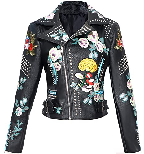 DARKSHE Damen Kunstleder PU Jacke Graffiti Nieten Punk Biker Moto Mode Mantel mit Langarm, Glory, Schwarz/Blume, L