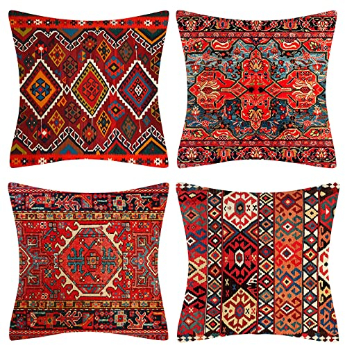 Kissenbezüge 45 x 45 cm Dekorative 4er Set Stammes-Abstraktes Rot Orientalisch Kissenbezug Teppich Muster Kissen Dekokissen Böhmischen Kissenhüllen Leinenkissen Sofa Deko