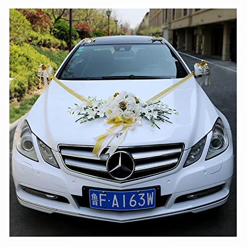 Egurs Autoschmuck Hochzeit Braut Paar Rose Deko Brautwagen Girlande Dekoration Hochzeitsauto Blume Schleife Auto Deko Ratan Hochzeit Romantische Atmosphäre weiß + Gold
