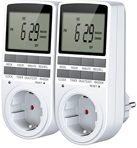 Temporizador Enchufe Digital, Enchufe Programador con Pantalla LCD Grande, 10 Programas Diarios, Función de Horario de Verano y Aleatoria, Enchufe Programable Ahorro Tiempo y Energía - 2 Packs EU Plug
