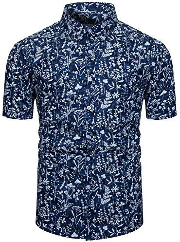 fohemr Mens Floral Print Shirt Short Sleeve Casual Flower Pattern Button Down Hawaiian Summer Shirt Cotton Navy Blue 3X-Large