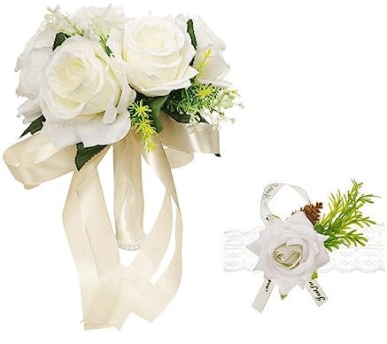 XIZHI Bouquet da sposa con fiori artificiali con rosa sul polso, per damigella d'onore, nastro di seta sintetica, per matrimoni, San Valentino, feste, balli di fine anno (bianco)