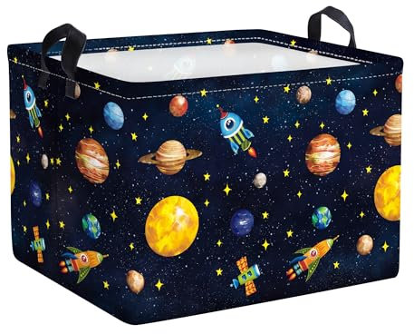 Clastyle Schwarz Kosmischer Planet Aufbewahrungskorb für Babyzimmer Rakete Sterne Jungen Wasserdicht Rechteckig Stoff Regalkörbe Kleidung Spielzeug Kinder Aufbewahrungsbox, 40x30x30 cm