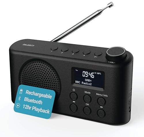 Radio Portatile DAB, DAB+, USB-C | Radio Bluetooth 5.3 Casa con Riproduzione di 12 Ore, Display a LED e Presa per le Cuffie | Majority Orwell