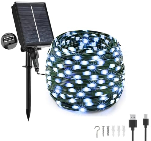 Tacobey Solar Lichterkette Außen, 20M 200 LED Lichterkette Aussen Solar und USB Aufladbar, 8 Mode, Solarlichterkette Wetterfest für Outdoor Terrasse Balkon Deko - Weiß
