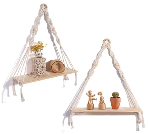 Beiktehy 2er Makramee Wandregal Holz Wanddeko Regal Wand Boho Deko Hängeregal für Wohnzimmer Schlafzimmer Kinderzimmer Balkon