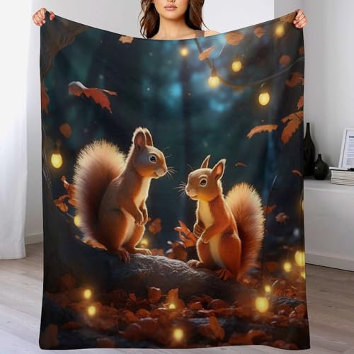 PAZZK Premium Tagesdecke | Bettüberwurf Wohndecke Weiche Flannel Eichhörnchen Decke Sofadecke Mit 3D Muster Vier Jahreszeiten Wohndecke Für Bett/Couch(130×150cm)