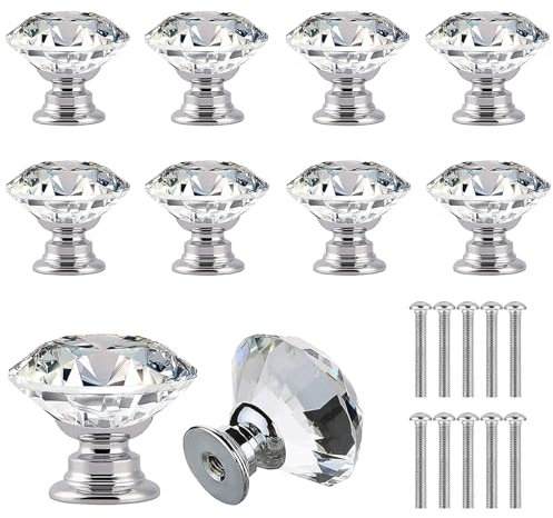 Pomo Puerta de Diamante,10 Piezas Tiradores de Puerta Transparente Pomos de Puerta Metal Tiradores de Cristal Manija de Puerta de Cristal con Tornillos para Armarios Cajones Cocina Gabinetes (30 mm)