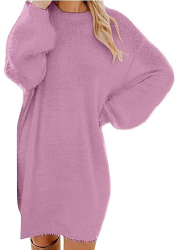 AMhomely Jumper Dress for Women UK Casual Fleece Sweaters for Women - Winter Sweater Knit Crewneck Warm Long Sleeve Casual Sweatshirts Dress Purple