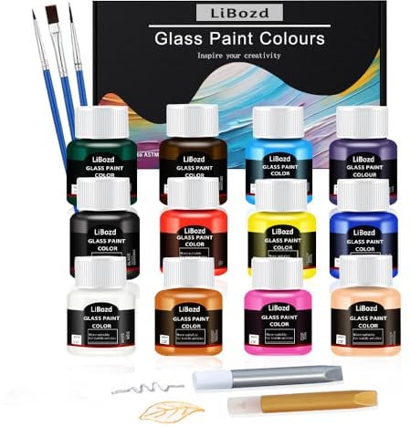 LiBozd Glas und Porzellanfarbe 12x20ml glasfarbe und Gold, Silber,Keramik Bemalen Set vor dem Backen löschbar und danach Wasserfest