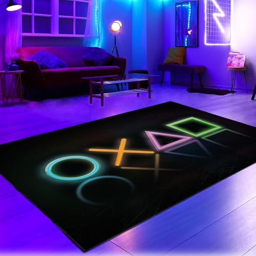 CARPETIA Teppich Zockerzimmer rutschfest pflegeleicht flach saugrobotergeeignet strapazierfähig Home-Office Gamer-Zimmer modernes Dekor langlebig stylische Optik in Schwarz & Neonfarben 100 x 150 cm