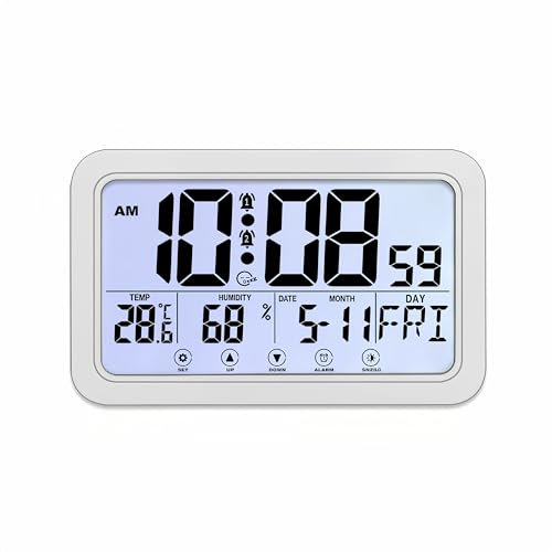 Reloj despertador digital, reloj despertador con pantalla táctil y retroiluminación, muestra temperatura, humedad, fecha y día, función de repetición de 2 alarmas, for colgar o colocar de pie en el do