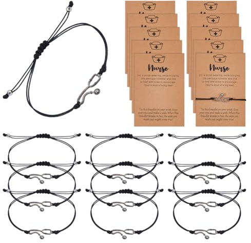 DICOSMETIC 10 Stück Krankenschwester Armbänder Schwarz Gewachste Kordel Geflochtenes Armband Verstellbares Geknotetes Armband Stethoskop Armreifen Krankenschwester Abschlussgeschenke Für Frauen Männer