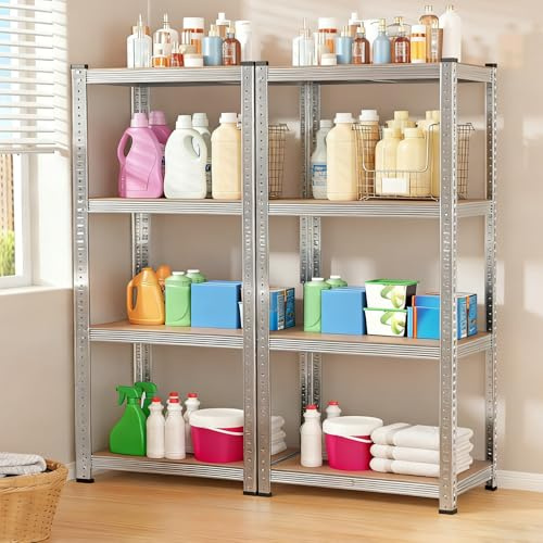 Schwerlastregal, verzinkt | Steckregal, Lagerregal, Bücherregal aus Bambus, 4 Ebenen/5 Ebenen, freistehend, 40 x 80 x 160 cm (2 Stück)