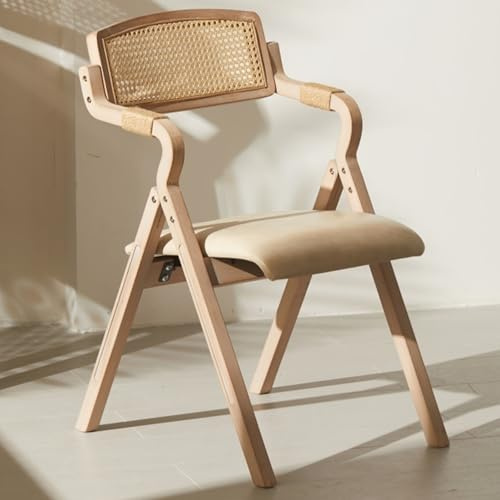 DGDHHSFJDJ Klappbare Esszimmerstühle aus Holz, Rattan-Sessel mit gepolsterten Sitzen, stapelbare Lounge-Stühle mit gewebter Rückenlehne für Wohnzimmer, Schlafzimmer, Balkon