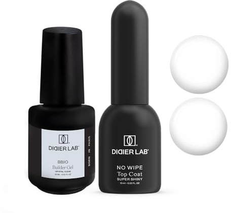DIDIER LAB Builder Gel in a Bottle BBIO and Super Shiny Gel Top Coat Set - Clear Builder Base and Ultra Glossy Finish for Long-Lasting Strength and Shine - Durable No Wipe Formula - 2pcs
