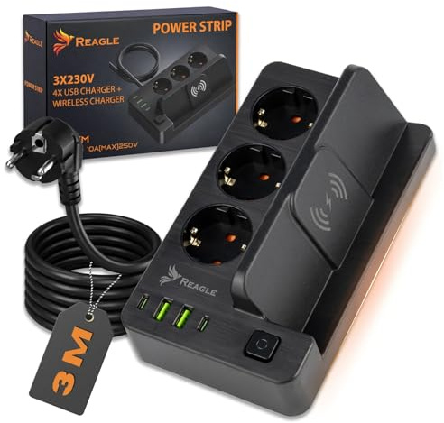 Reagle Multiprise 3 Prises 230V avec Chargeur sans Fil Inductif Et 4 Ports USB Bloc Multiprise avec Interrupteur Économie D’Énergie Protection Contre Les Surtensions Câble 3 M pour Maison Et Bureau