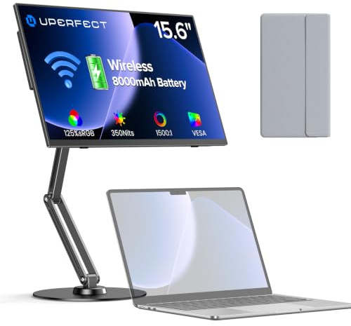 UPERFECT Monitor Portatile Wireless con Batteria 8000mAh, 15,6 Monitor Mobile 1080P 125% sRGB IPS Wireless con Custodia & Supporto Magnetico, per Laptop/Smartphone, Compatibile con AirPlay/Miracast