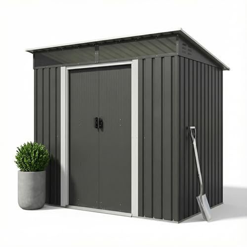 JUMMICO Metall Gerätehaus 3.63m³ Geräteschuppen 183x109x182cm, Gartenschuppen mit Fundament und Oberlichte, Gartenhaus für Gartengeräte und Mülltonnen, Schwarz