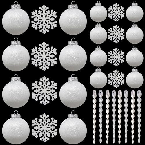 Weiße Kugeln für Christbaumschmuck, bruchsicherer Kunststoff 60 mm und 80 mm Glitzer-Schneebälle, Eiszapfen und Schneeflocken, Ornament-Set mit 32 Stück