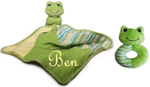 Wuff-Dogsworld Baby Kuscheltuch Frosch mit Namen Bestickt + Rassel Greifling