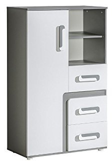 Furniture24 Kommode Apetito AP6 Schrank 1 Türiger mit 3 Schubladen Highboard Grau/Weiß