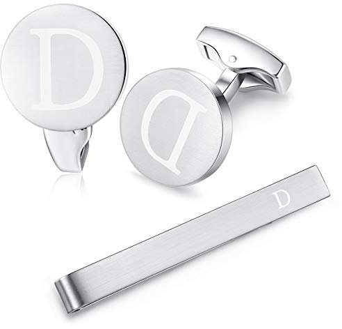 HONEY BEAR manschettenknöpfe & krawattennadel Set Initialen Buchstabe Herren Edelstahl Hochzeit Cufflinks Manschettenknopf Silber,A-Z,MEHRWEG (D)