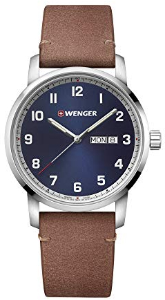 WENGER Herren Armbanduhr Attitude Ø 42 mm, Swiss Made, Analog Quarz, Wasserdicht bis 100 m, Leder-Armband, Blau/Silber/Braun, 01.1541.114