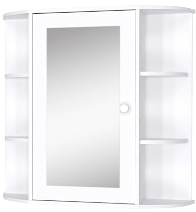 HOMCOM Armoire Murale avec Miroir Salle de Bain Meuble Miroir avec Rangement Toilettes 1 Porte + étagères latérales Blanc