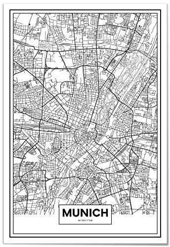 Panorama Gerahmtes Poster Karte von München 50x70cm - Gedruckt auf Hochwertigem Starres Poster - Enthält Rahmen - Moderne Bilder Wohnzimmerdekoration - Bilder für Schlafzimmer - Dekoratives Poster