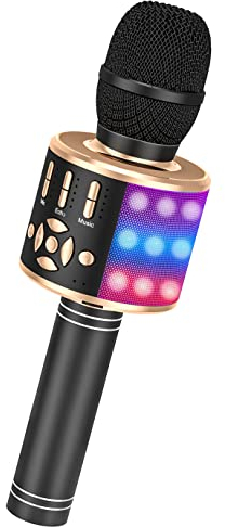 Ankuka Microphone sans Fil, Bluetooth Machine à Karaoké Accueil Lecteur KTV Cadeau Enfants pour Android/iOS avec Fonction d'enregistrement, Lumières Dansantes, Sons Magiques OrNoir