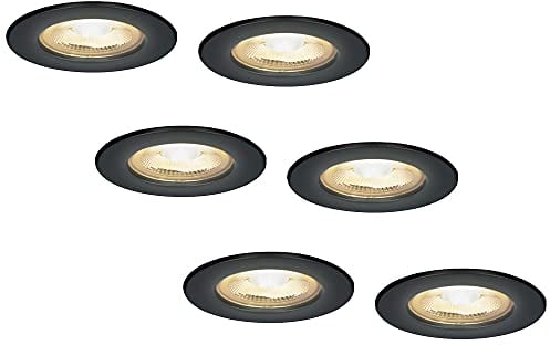 HOFTRONIC 6x Nola - LED Einbaustrahler 68mm Schwarz - IP65 Wasserdicht für Außen, Dachüberstand und Bad - 5W 480lm - 2700K Extra Warmweiß - Deckeneinbauleuchte Einbauspots
