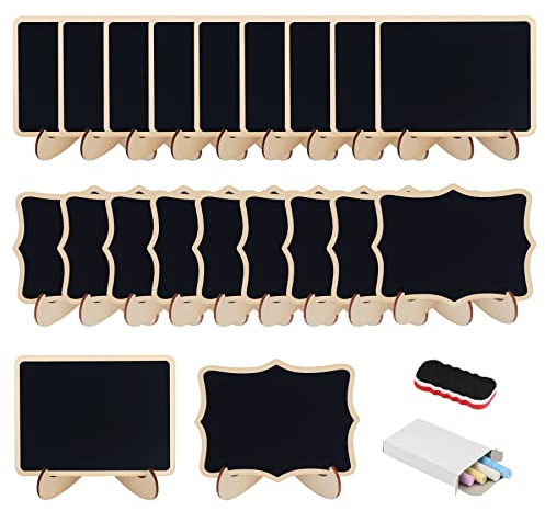 DKINY 20 Mini Kreidetafel Set, Klein Holz Kreidetafel mit Ständer, Holz Tafeln zum Beschriften, als Tischkarten Memotafel Platzkarte Namen Preisschilder für Hochzeit Buffet Geburtstag Party Tischdeko