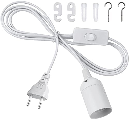 DiCUNO E27 Lampenfassung mit Schalter, E27 Lampensockel mit 2M Netzkabel und EU Stecker, für Lampenaufhängung, Pendelleuchten, Deckenlampen, DIY Projekte, Weiß, 1er-Pack